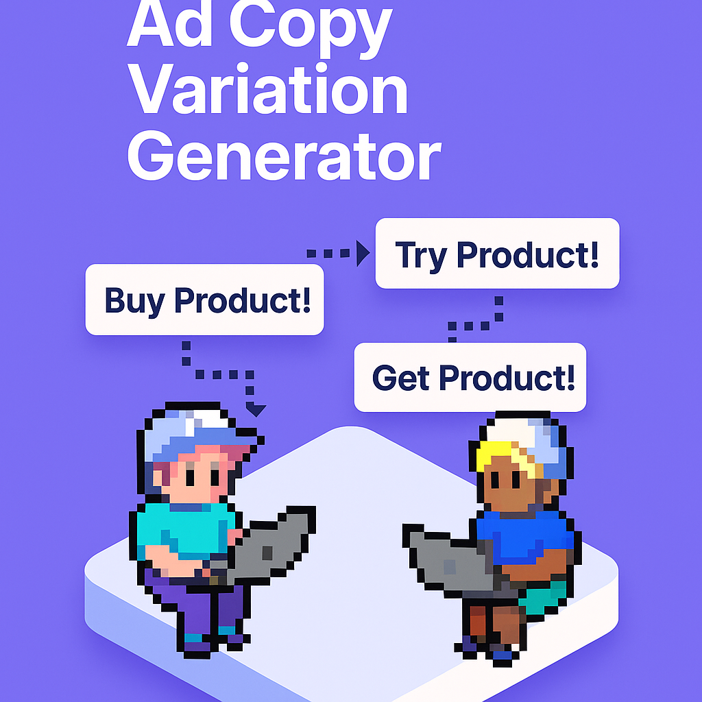 Ad Copy Variation Generator - two AI agents creating multiple ad variations with speech bubbles showing "Buy Product!", "Get Product!", and "Try Product!" demonstrating automated ad text generation
