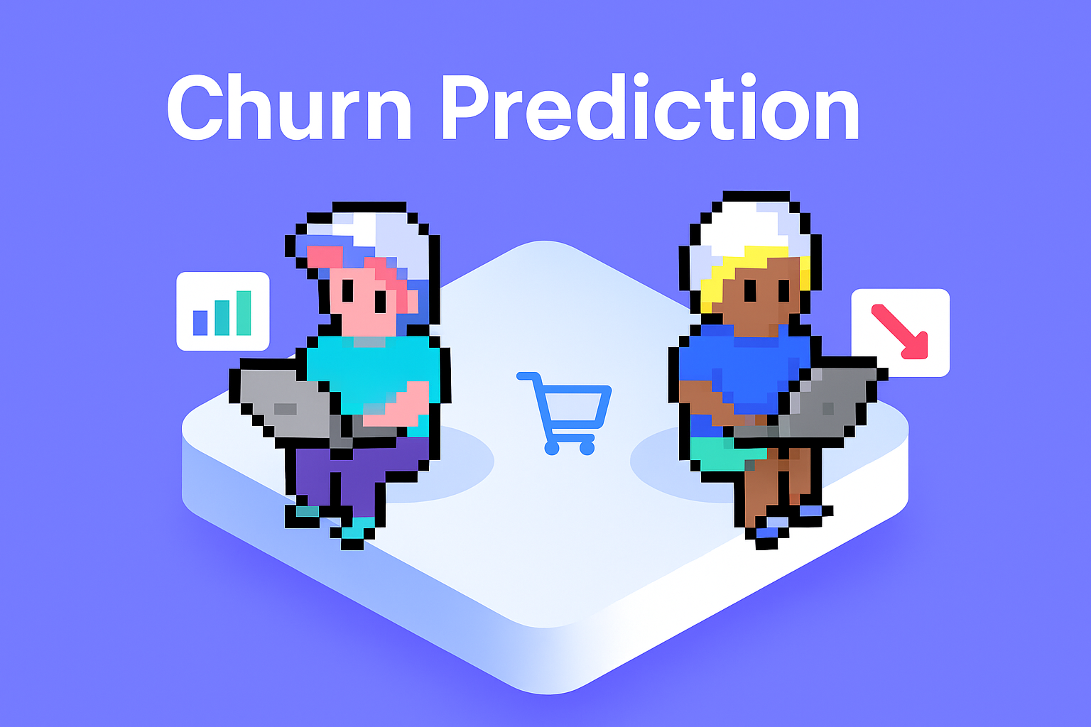 Churn Prediction AI agents analyzing customer data with upward and downward trend graphs showing predictive churn risk modeling for customer retention