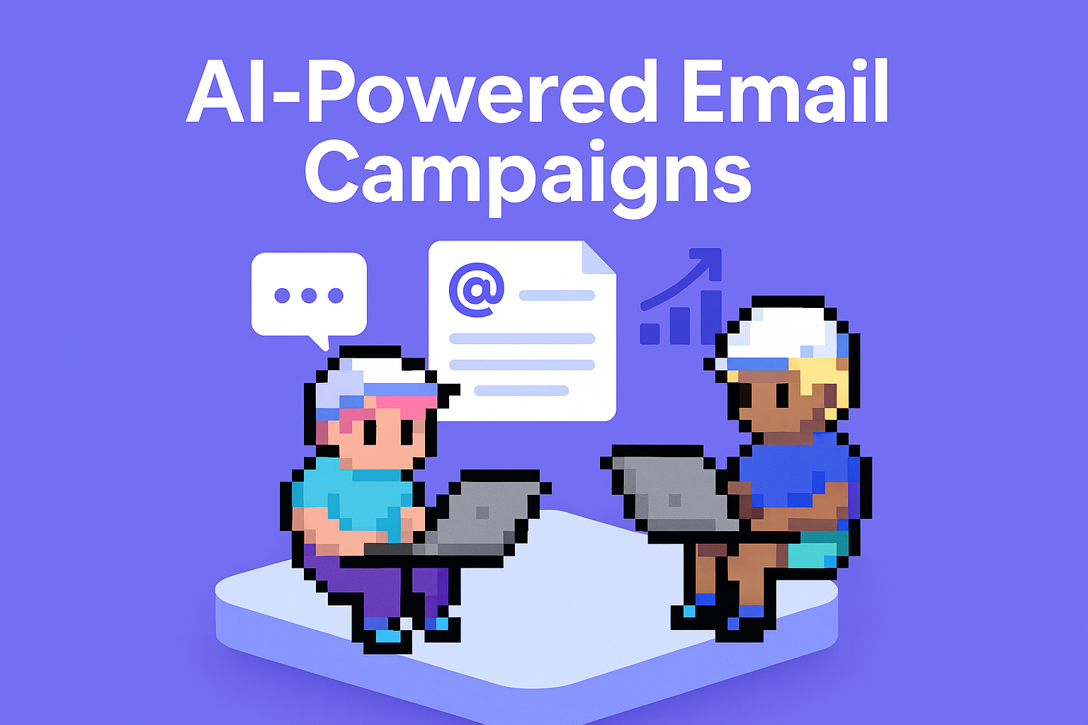 AI-Powered Email Campaigns - two marketing professionals using AI email marketing tools with laptops, featuring email icons and growth analytics for automated campaign generation