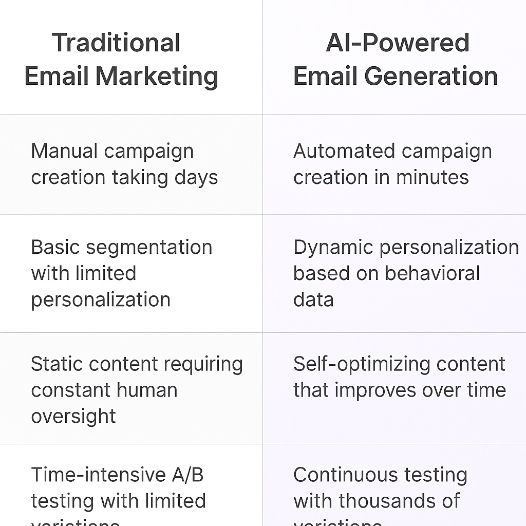Traditional Email Marketing vs AI-Powered Email Generation comparison table showing manual campaign creation taking days versus automated campaign creation in minutes with dynamic personalization and continuous testing