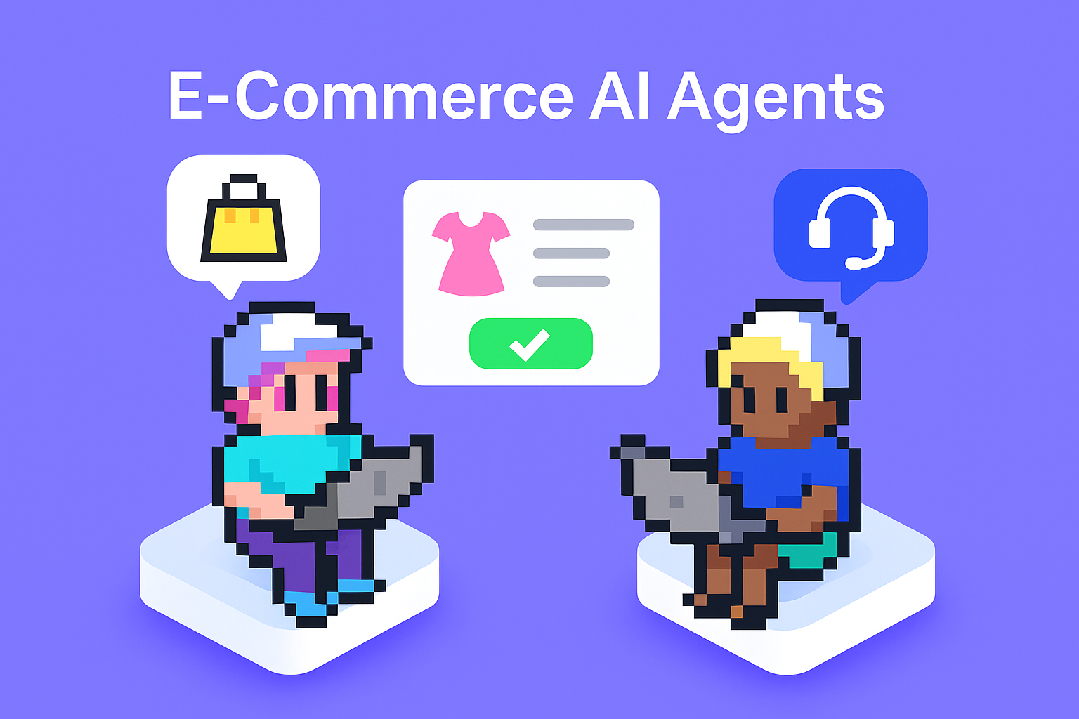 E-Commerce AI Agents illustration showing two digital assistants with shopping bag and headset icons demonstrating AI-powered customer support and sales tracking for online retail