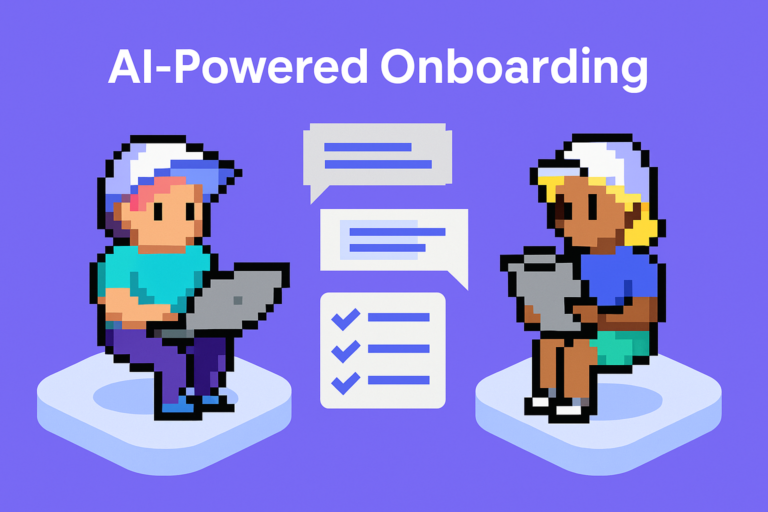 AI-Powered Onboarding illustration showing two pixel art characters using laptop and tablet with checklist for automated employee onboarding process