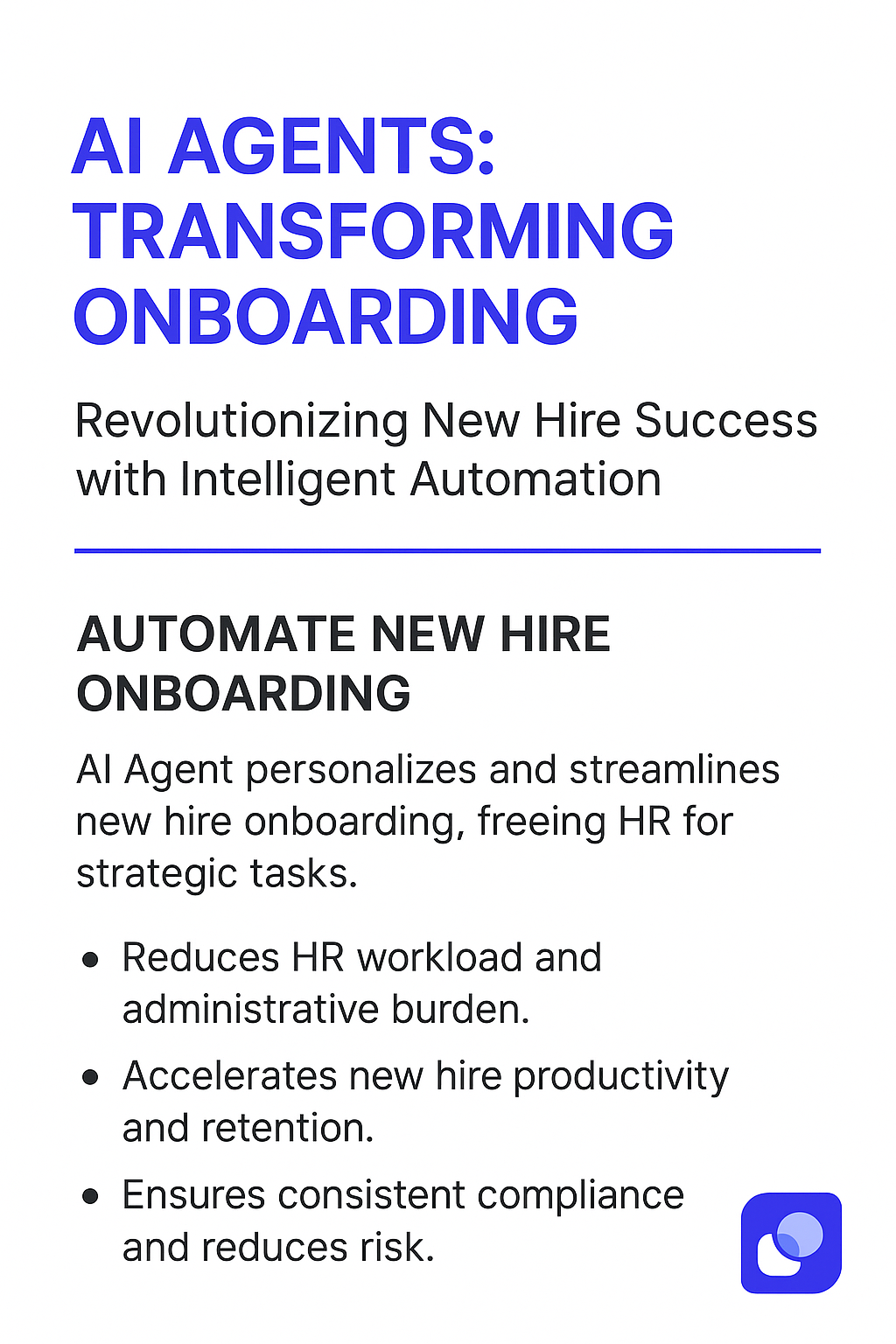 AI Agents Transforming Onboarding infographic showing automate new hire onboarding benefits including reduced HR workload, accelerated productivity, and consistent compliance for ai onboarding solutions