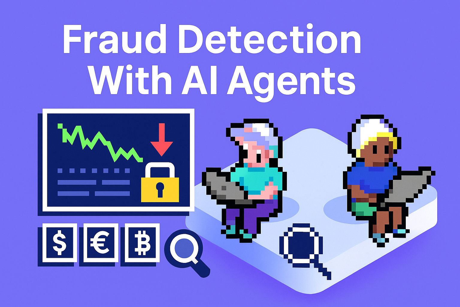 Fraud Detection With AI Agents - two AI specialists with laptops analyzing financial data with currency symbols dollar euro bitcoin and security padlock for machine learning fraud prevention