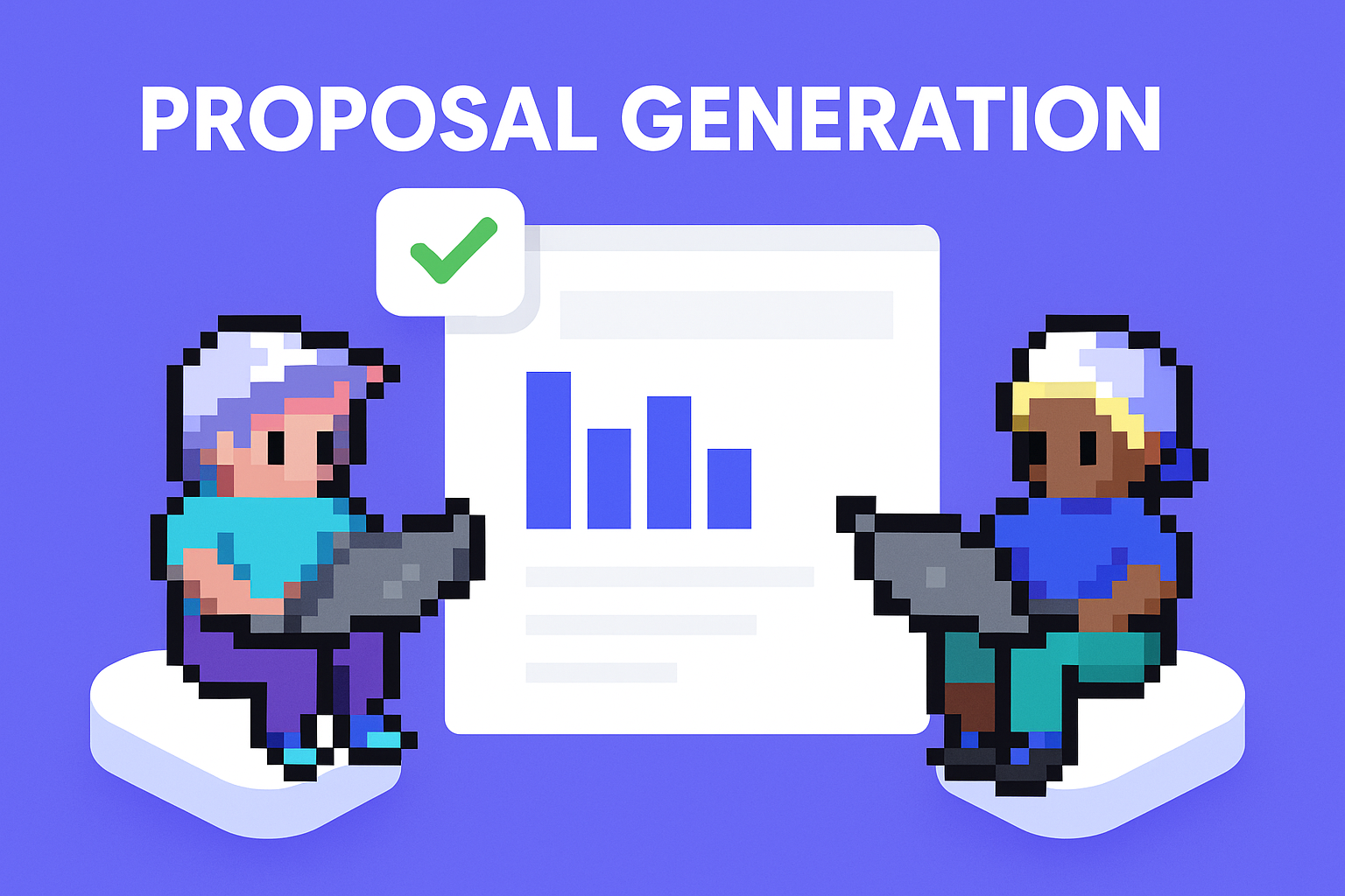 PROPOSAL GENERATION - AI agents collaborating on laptop computers with business documents and analytics charts for automated proposal template generation