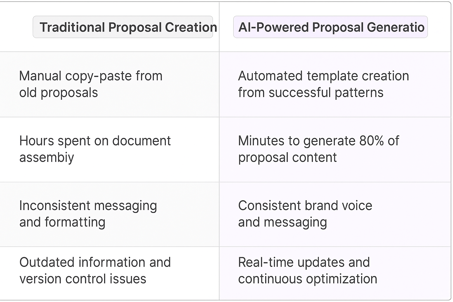 Traditional Proposal Creation vs AI-Powered Proposal Generation comparison table showing manual copy-paste from old proposals versus automated template creation from successful patterns, highlighting time savings and consistency benefits