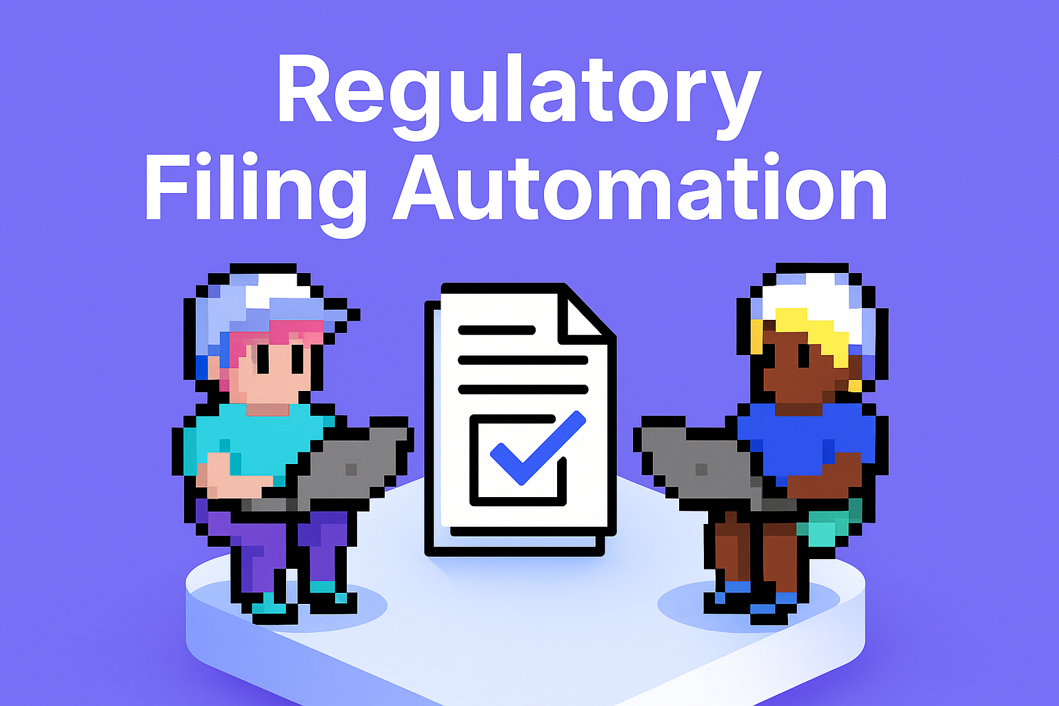 Regulatory Filing Automation AI agents - two pixel art characters with approved compliance document demonstrating automated policy and regulatory application processes