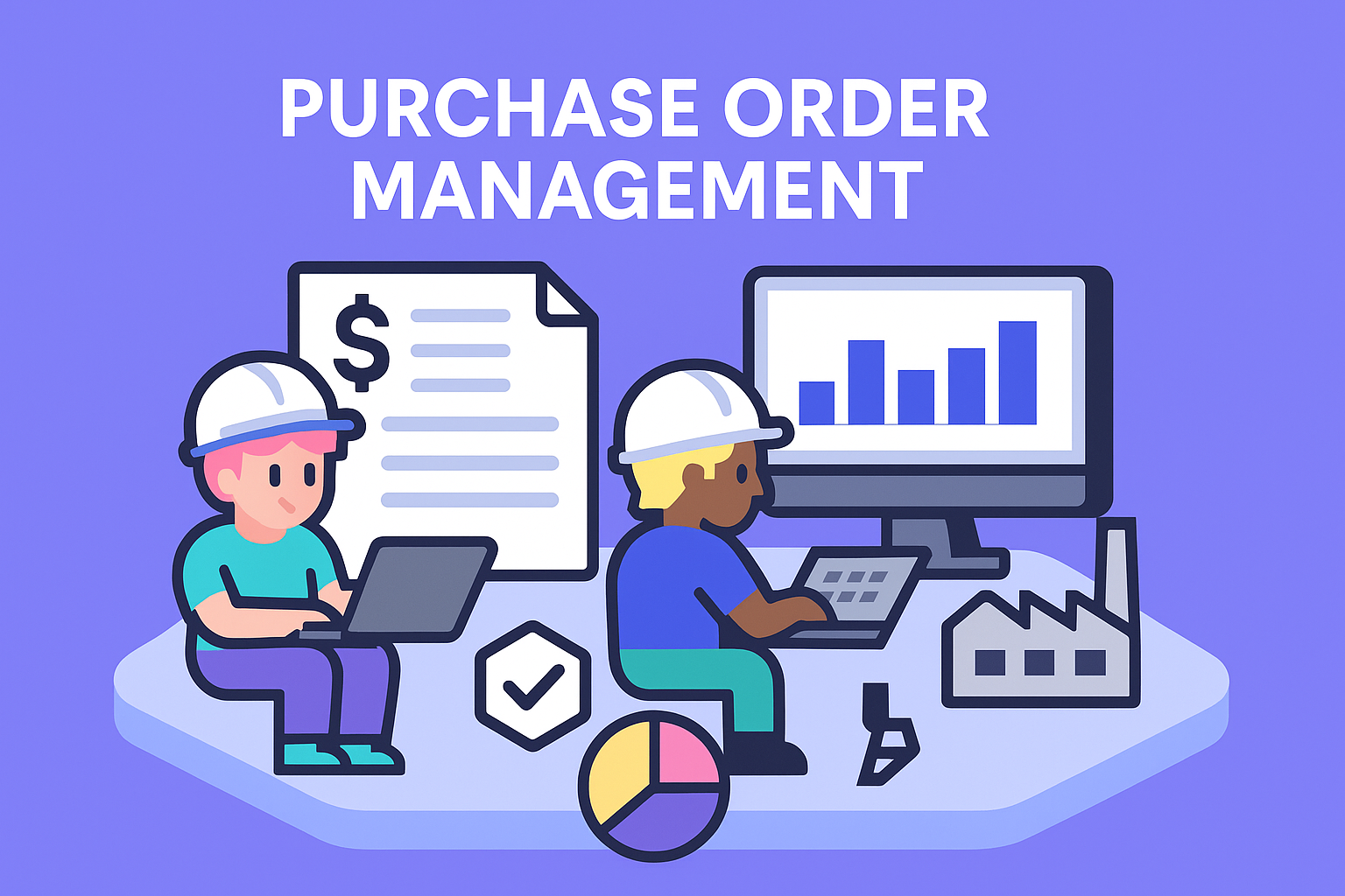 Purchase Order Management AI agents illustration showing two workers with hard hats using laptops and computers for automated procurement processes, featuring dollar sign documents, bar graphs, checkmarks, pie charts, and factory icons