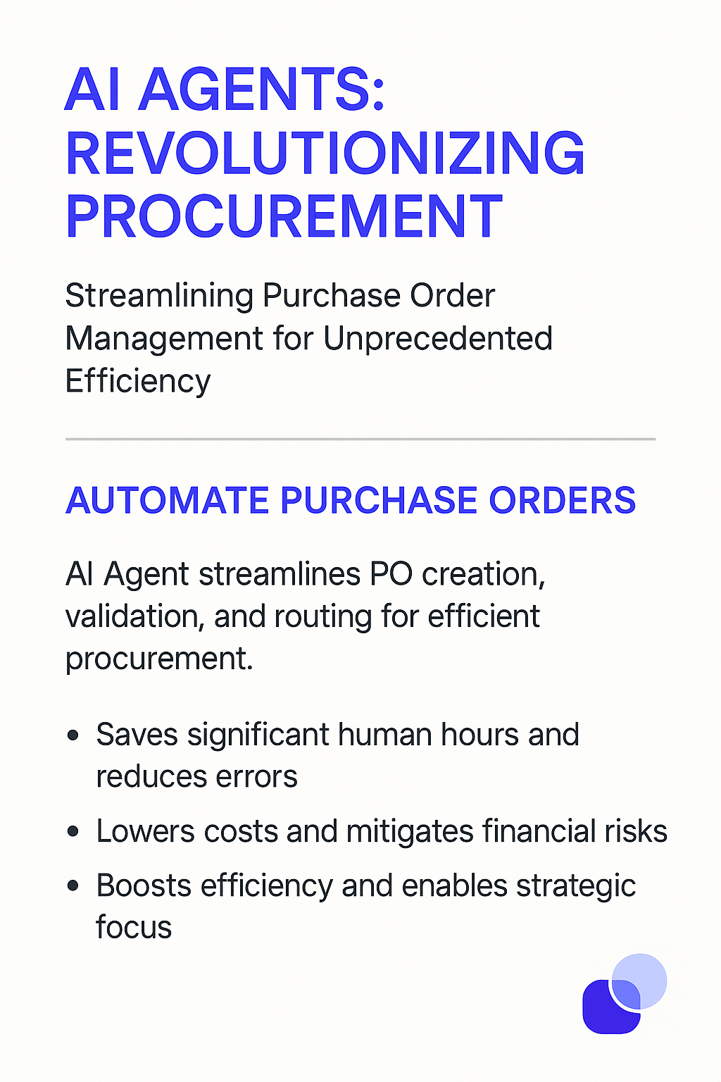 AI Agents Revolutionizing Procurement infographic titled "Streamlining Purchase Order Management for Unprecedented Efficiency" showing automated purchase order benefits including cost reduction, error mitigation, and strategic focus enhancement