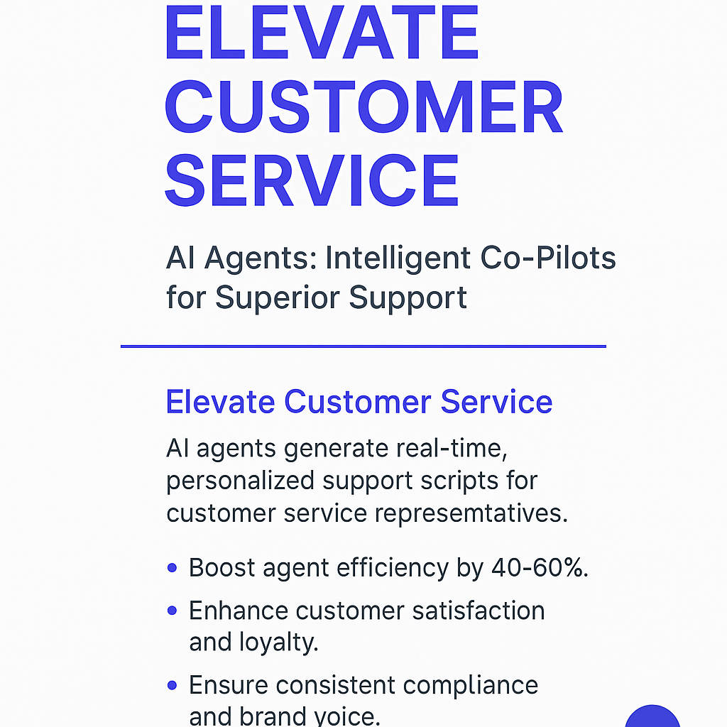 Elevate Customer Service infographic - AI Agents: Intelligent Co-Pilots for Superior Support showing 40-60% efficiency boost, enhanced customer satisfaction, and consistent compliance for support script generation