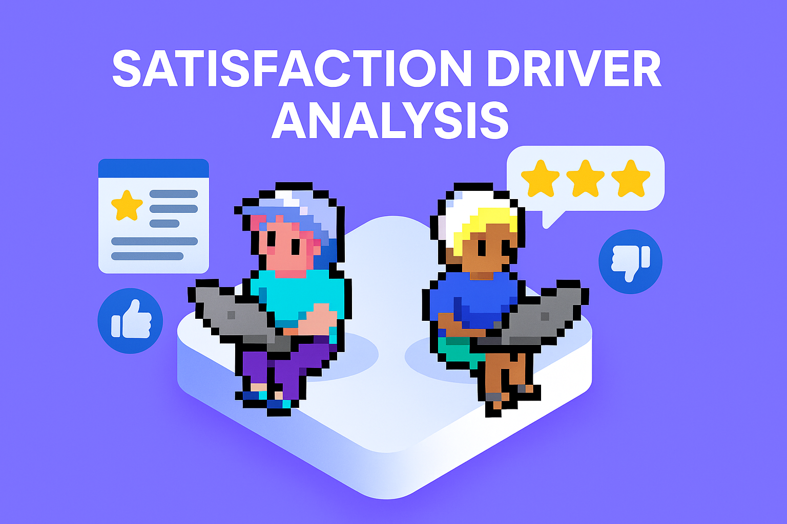 Satisfaction Driver Analysis AI agents - two analysts using laptops to process customer feedback with thumbs up, thumbs down, and star rating icons for key drivers analysis