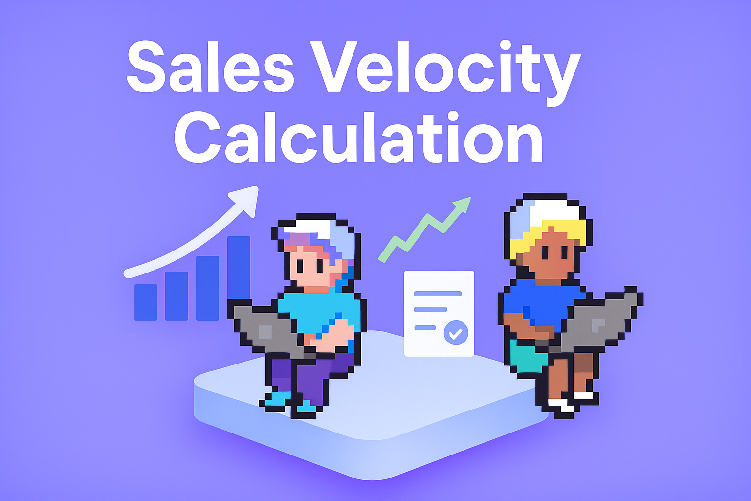 Sales Velocity Calculation header image showing two AI agents with laptops analyzing sales velocity metrics, upward arrows, and bar charts on purple background