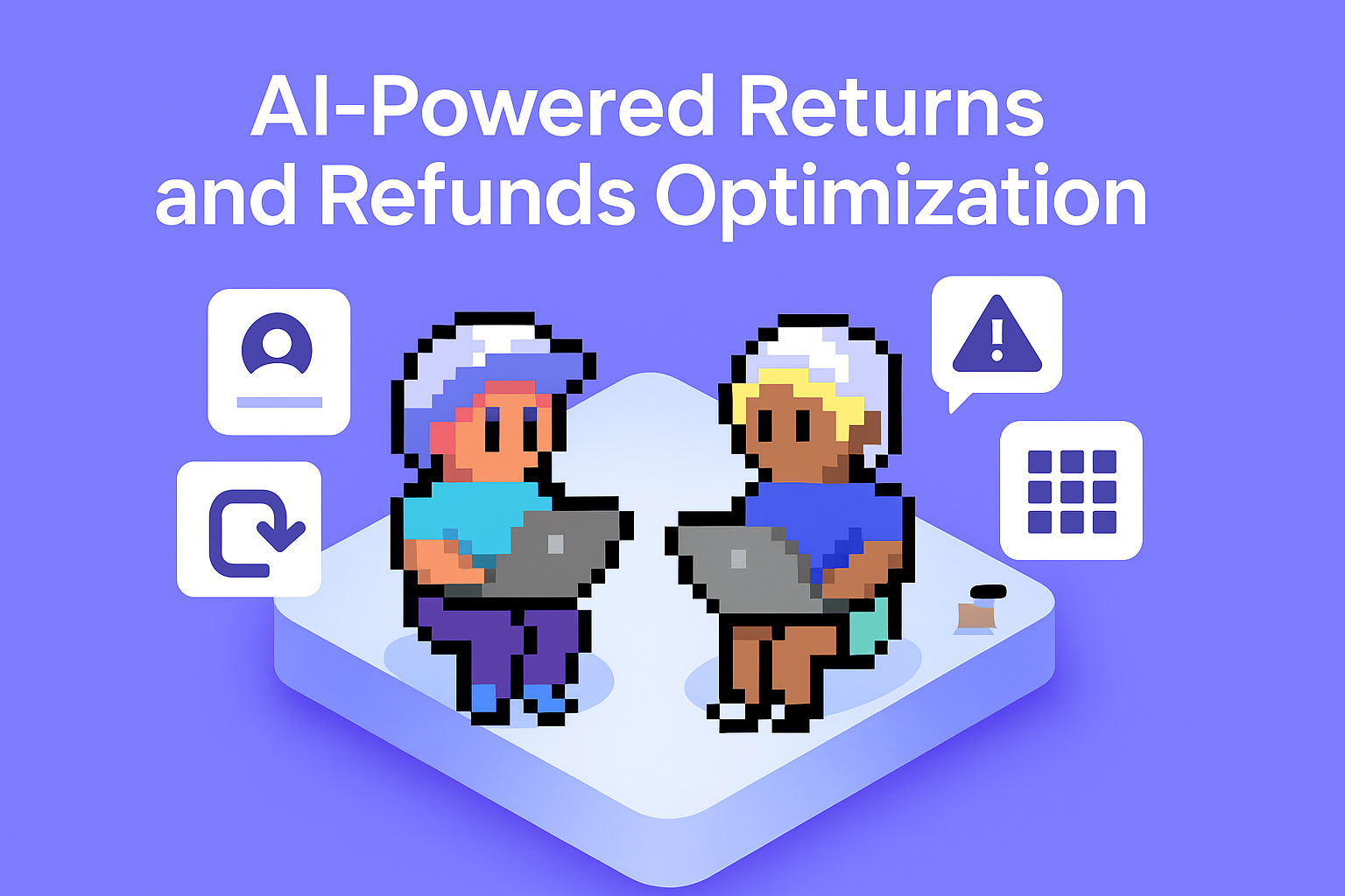 AI-Powered Returns and Refunds Optimization - Two AI agents working on laptops with return icons and user profile symbols for automated returns processing