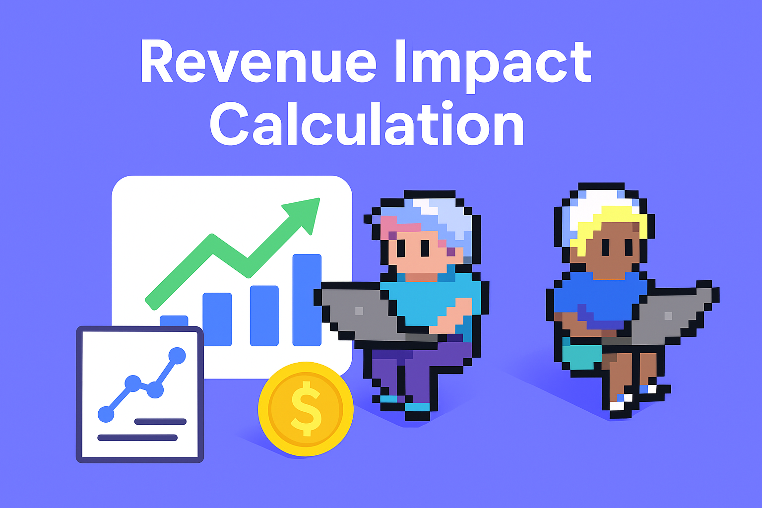 Revenue Impact Calculation header image showing AI agents with laptops analyzing financial data, upward trending graphs, and dollar coin representing revenue growth analysis