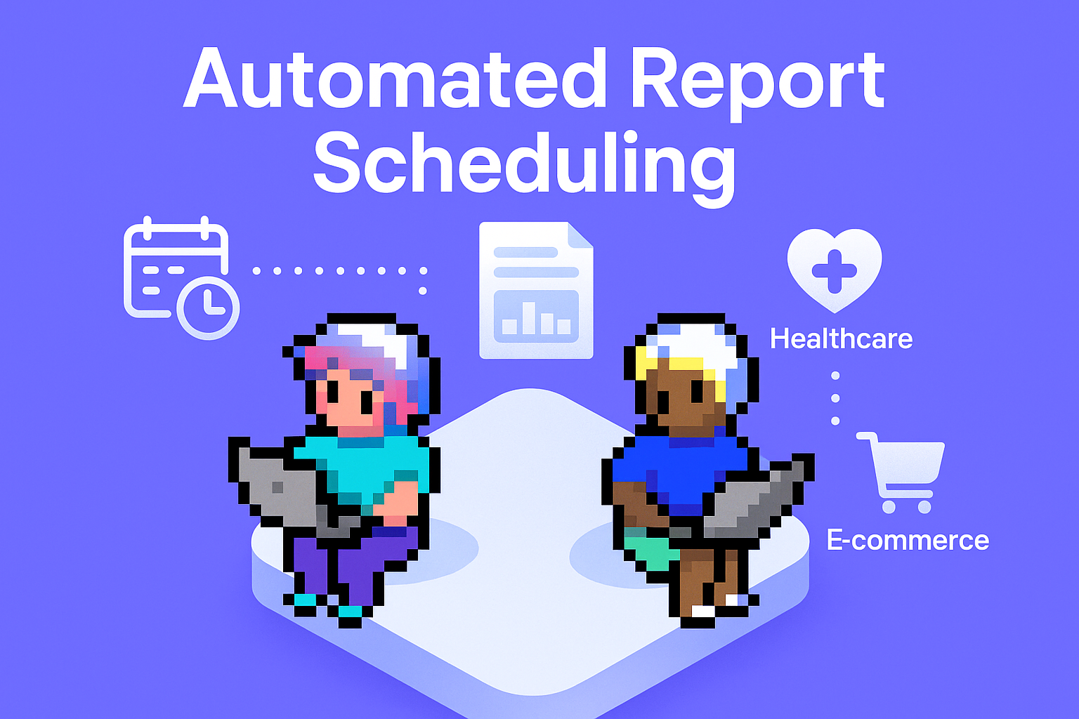 Automated Report Scheduling - two professionals working with laptops on technical report process scheduling with calendar, charts, healthcare and e-commerce icons