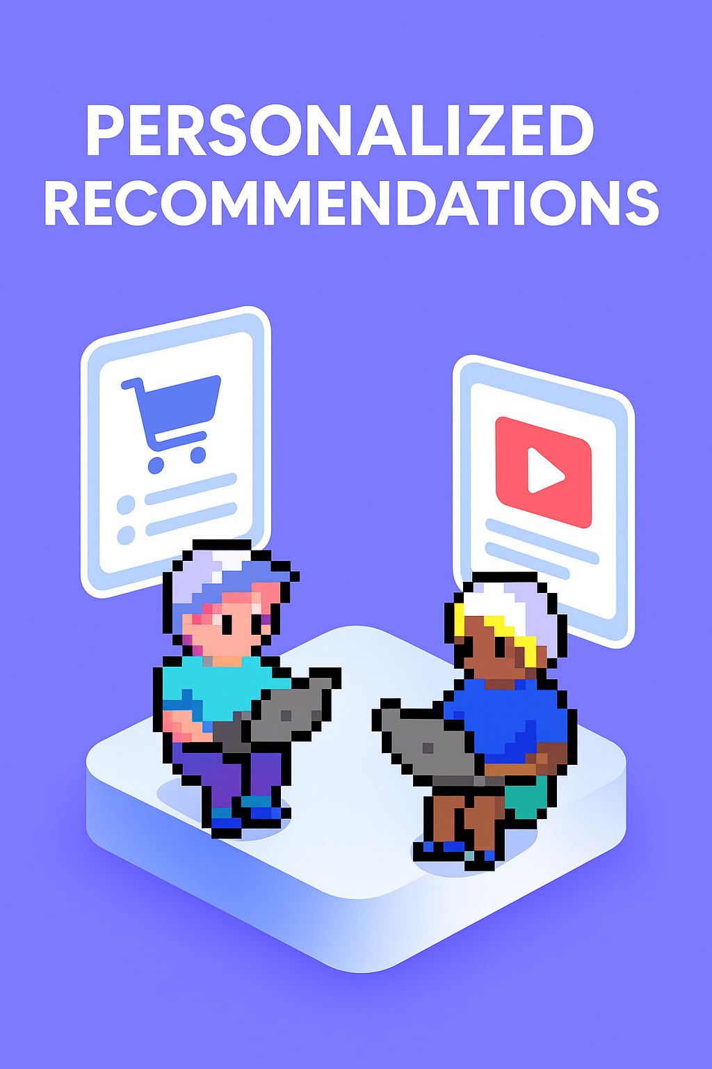 PERSONALIZED RECOMMENDATIONS - Two AI agents with laptops analyzing e-commerce and video content data for personalized recommendation systems