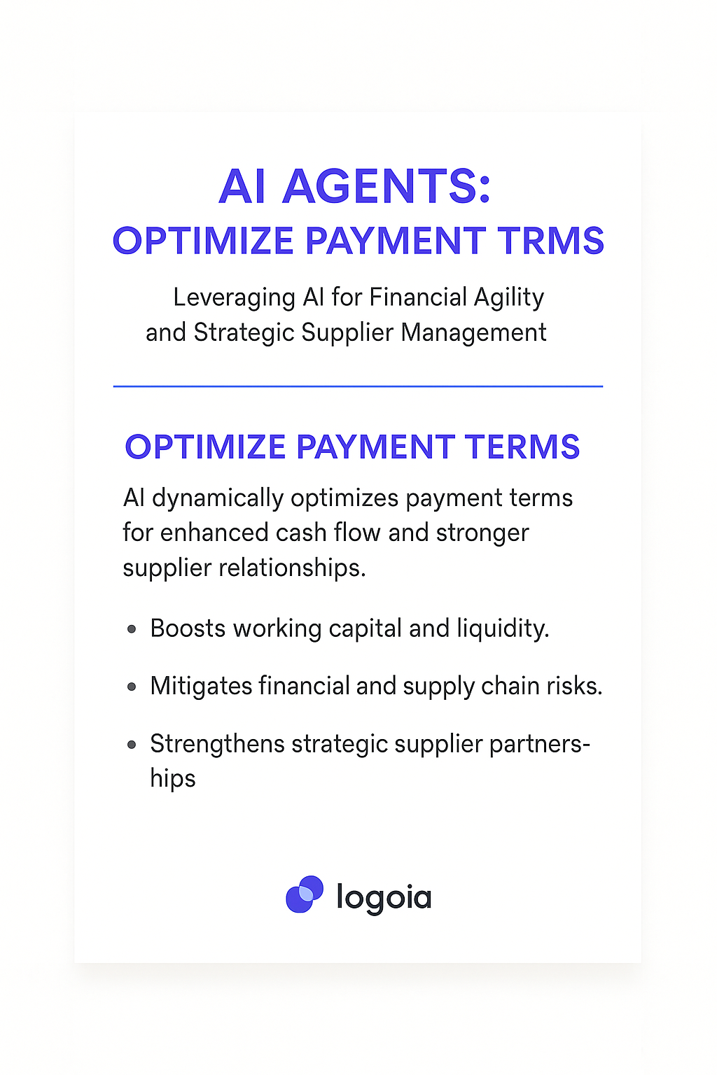 AI Agents Optimize Payment Terms infographic - leveraging AI for financial agility, boosting working capital, mitigating risks, and strengthening supplier partnerships for payment term optimization