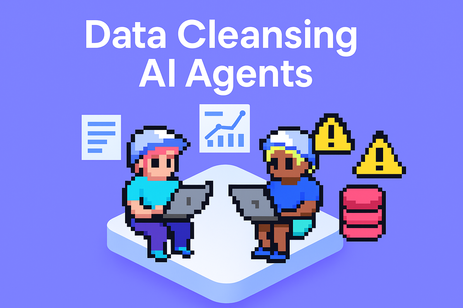 Data Cleansing AI Agents - two pixel art characters working on laptops with data visualization icons showing database entry cleansing automation