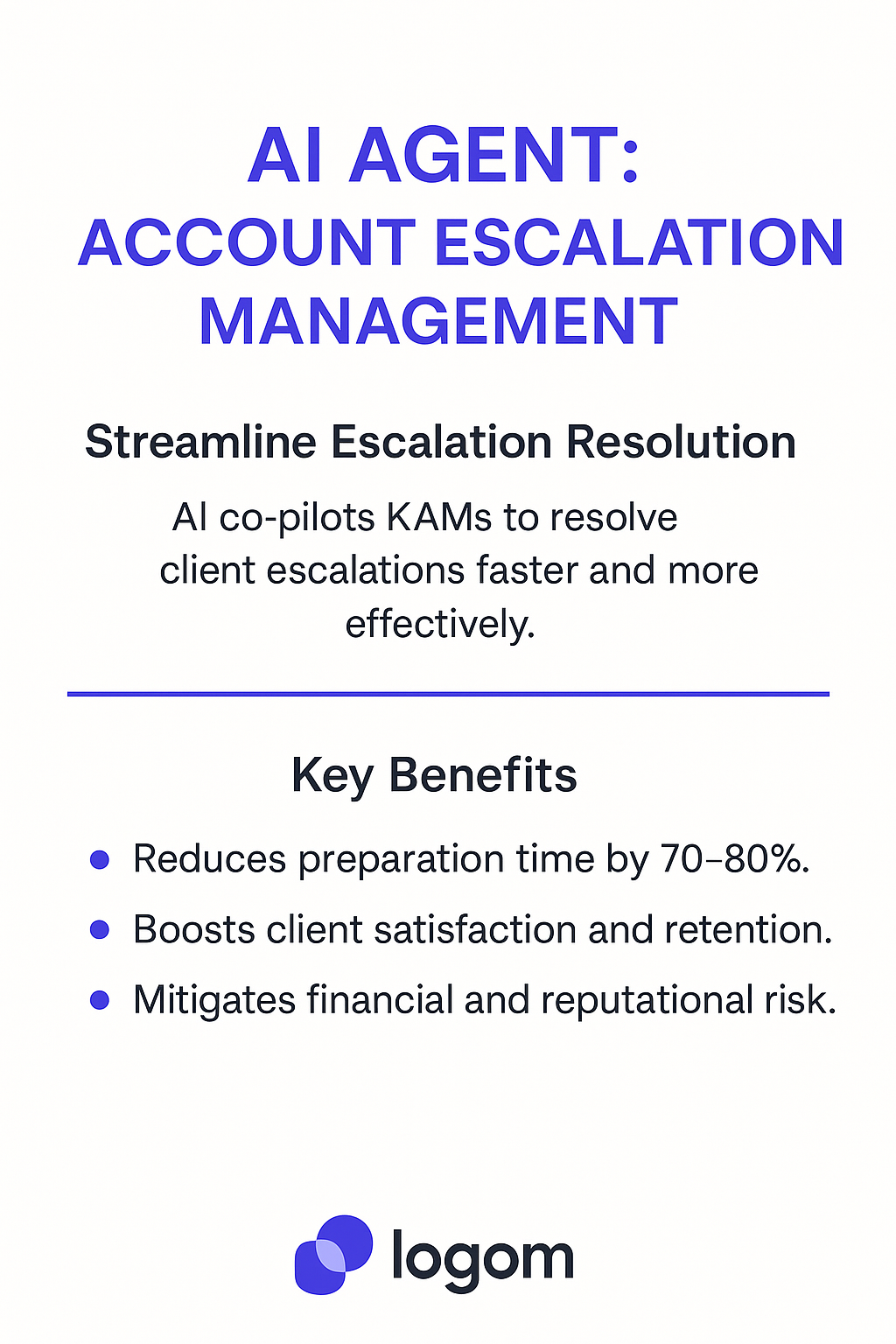 AI Agent Account Escalation Management infographic showing key benefits - reduces preparation time by 70-80%, boosts client satisfaction and retention, mitigates financial risk