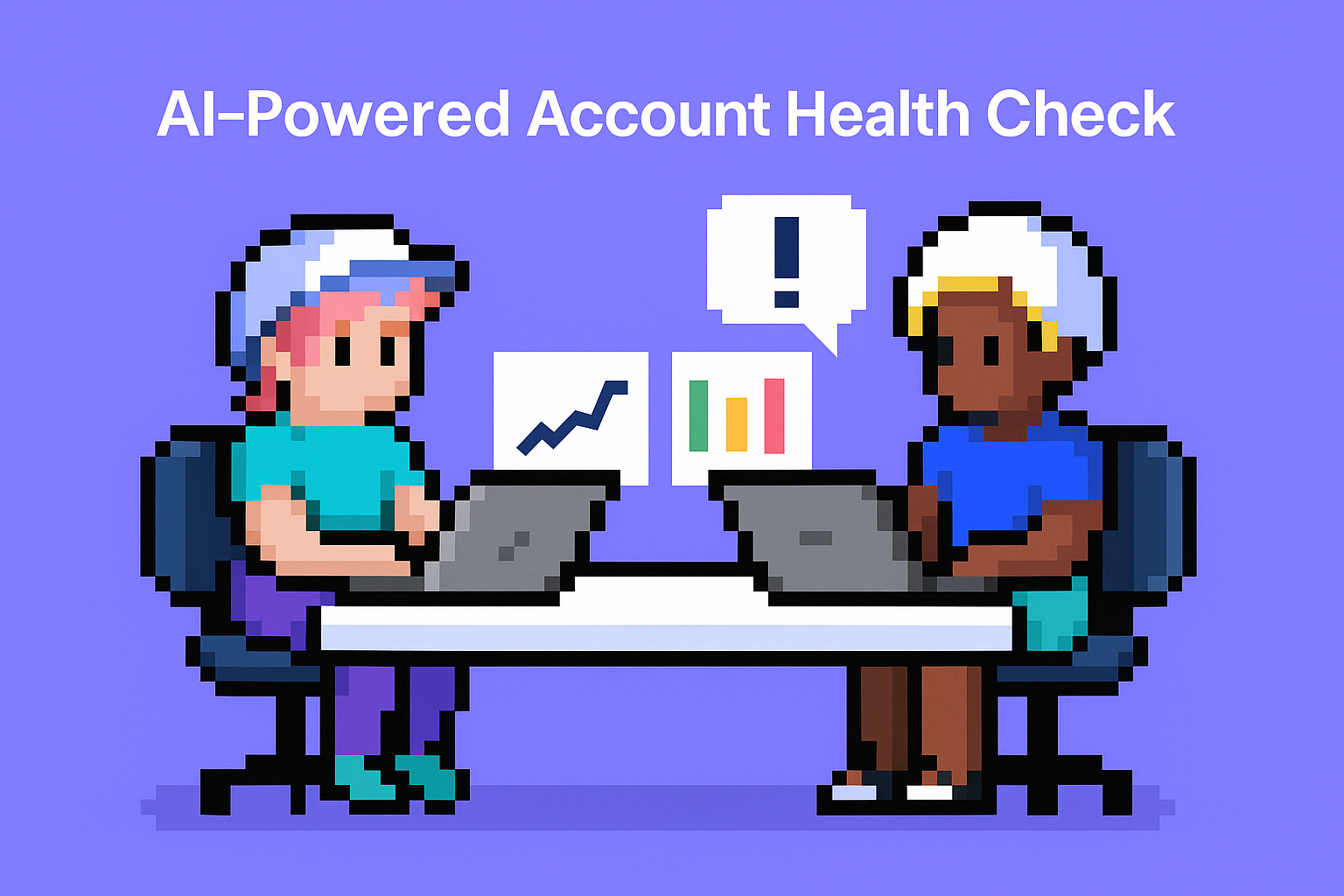AI-Powered Account Health Check - two key account managers analyzing customer health metrics and account health scores on laptops for proactive client relationship management