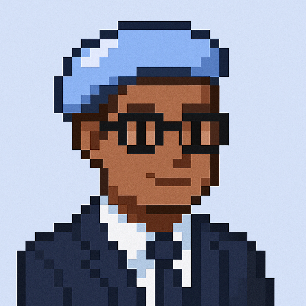 Professional AI agent avatar for account health assessment meeting agent - pixel art character with glasses, blue hat, and business suit representing key account manager AI assistant
