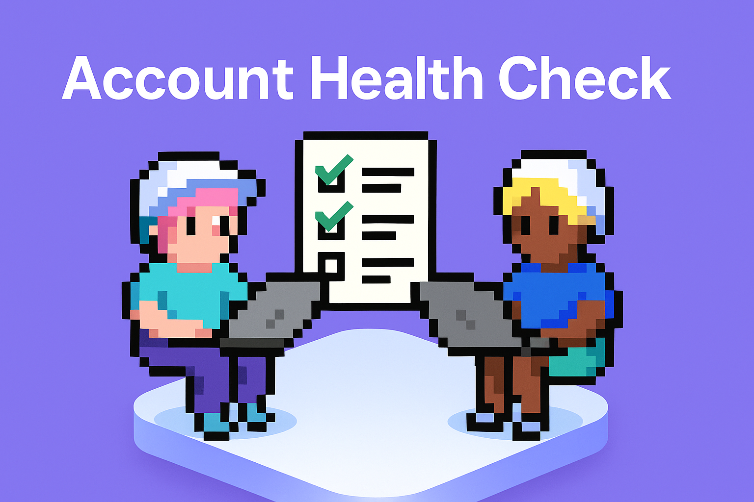 Account Health Check meeting illustration showing two AI agents collaborating on client health assessments with checkmark document for key account managers