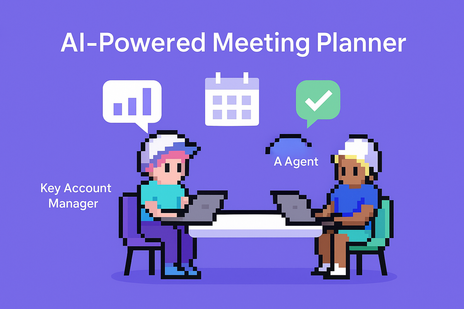 AI-Powered Meeting Planner illustration showing Key Account Manager and AI Agent collaborating with laptops, featuring chat analytics, calendar scheduling, and task completion icons