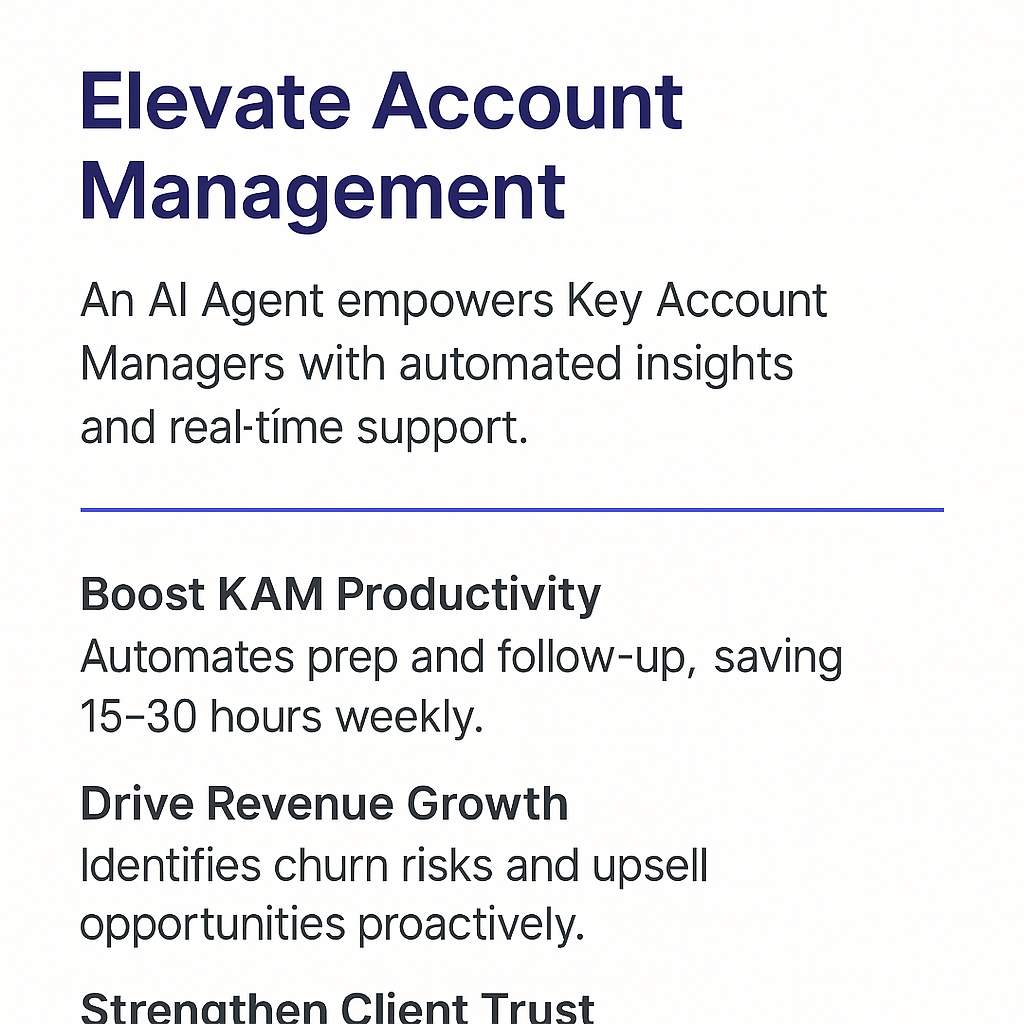 Account Health Assessment Meeting Agent infographic highlighting elevated account management, boosted KAM productivity saving 15-30 hours weekly, revenue growth through proactive churn risk and upsell identification