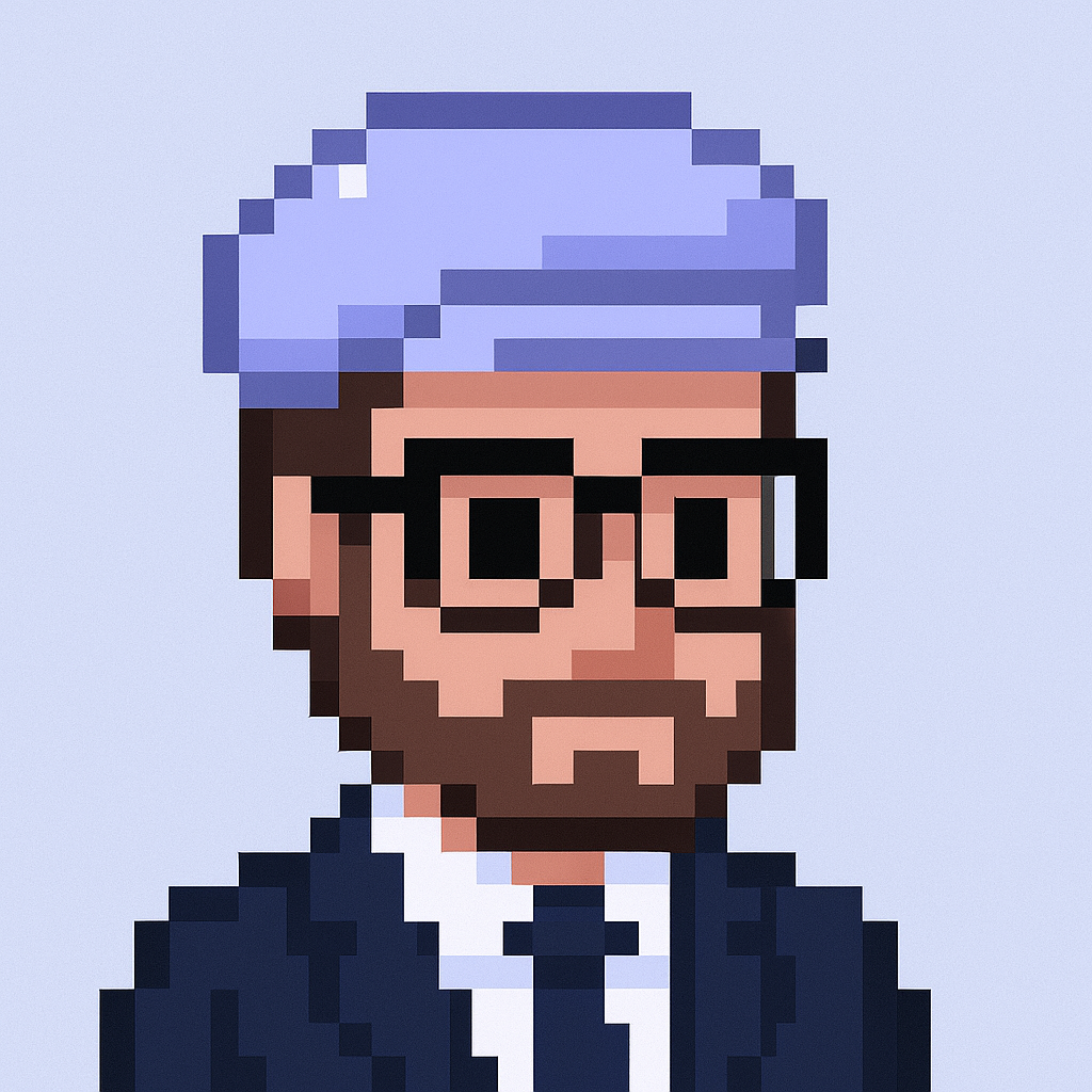 Account planning agent avatar - pixel art character with blue hat, glasses and beard representing AI-powered account planning for experience design managers