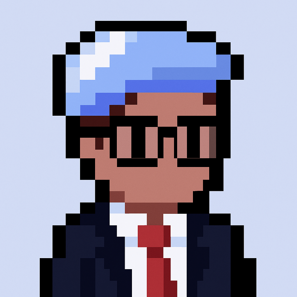 Professional pixel art avatar of customer advocacy manager with blue hair, glasses, and business suit for account planning meeting agent