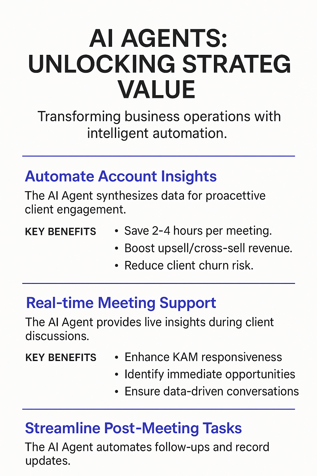 AI Agents infographic showing strategic value of account health check automation - automate account insights, real-time meeting support, and streamline post-meeting tasks for key account managers