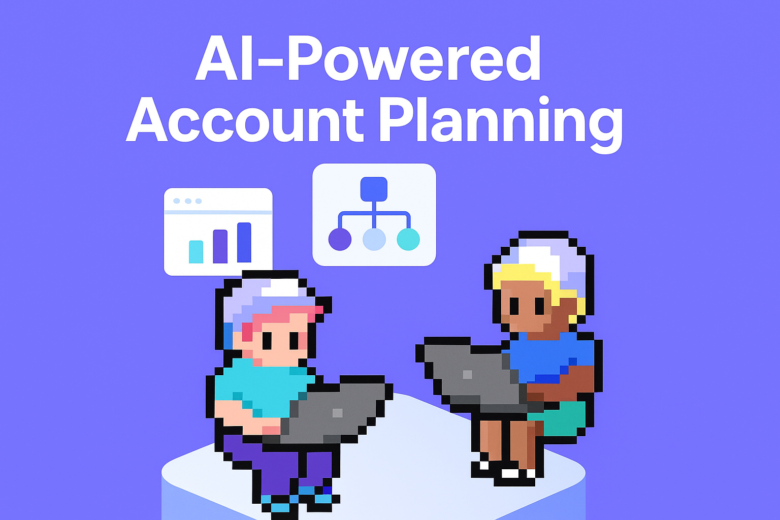 AI-Powered Account Planning - two key account managers using laptops with data analysis charts and strategic planning tools for automated account planning process