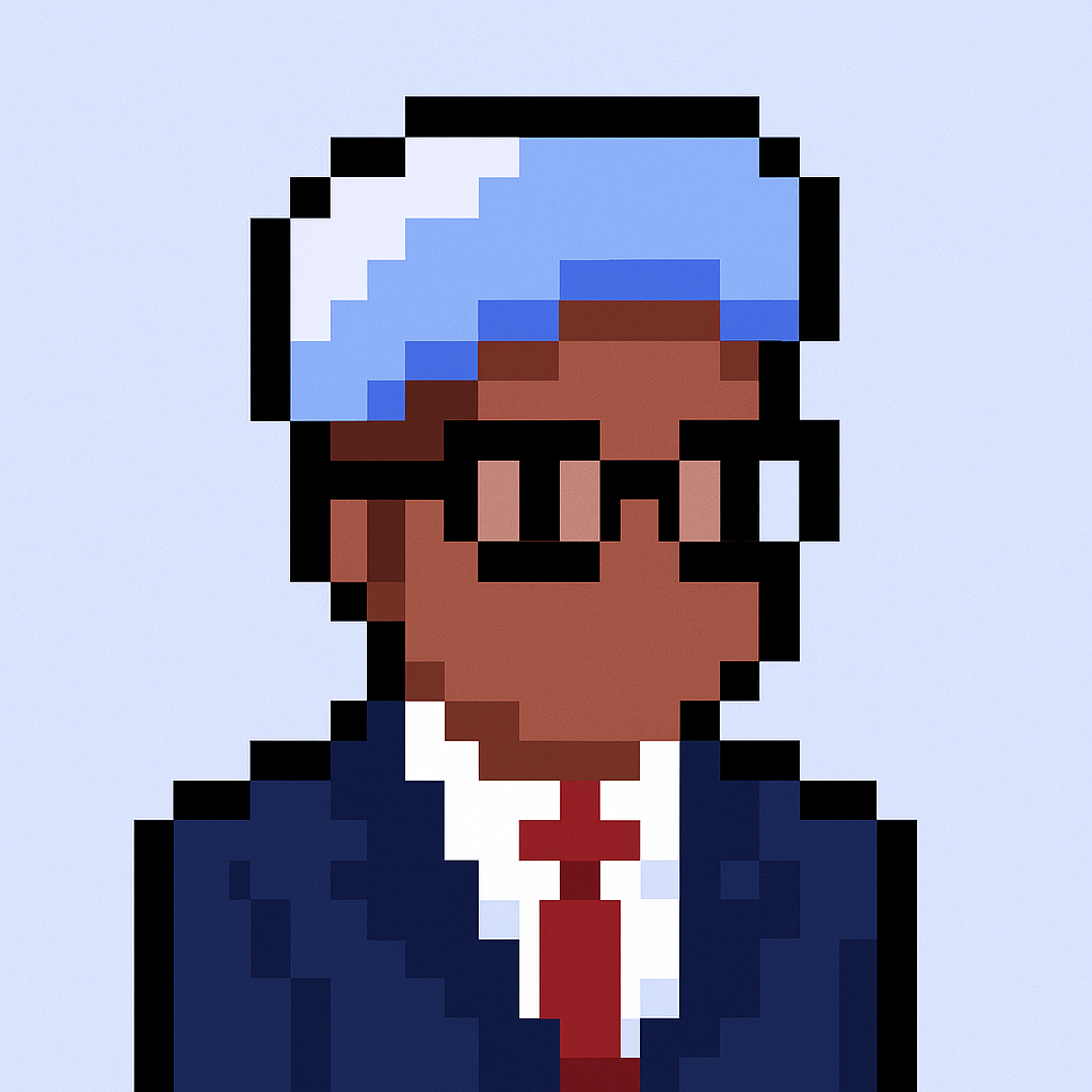 Business Operations Manager AI agent avatar for account planning meeting automation - professional pixel art character in blue suit representing strategic account management software
