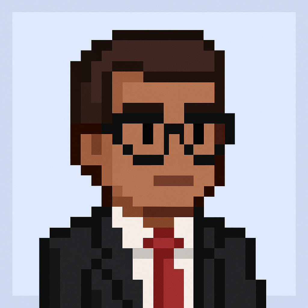 Professional commercial sales manager AI agent avatar in pixel art style wearing glasses and business suit for account planning meetings