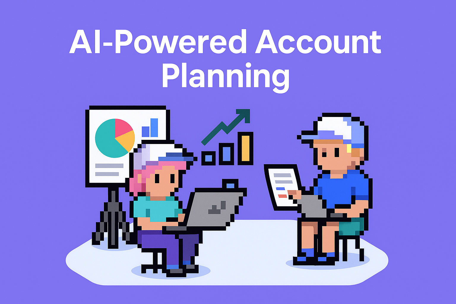AI-Powered Account Planning illustration showing two sales professionals discussing customer account plans with data visualization charts and graphs