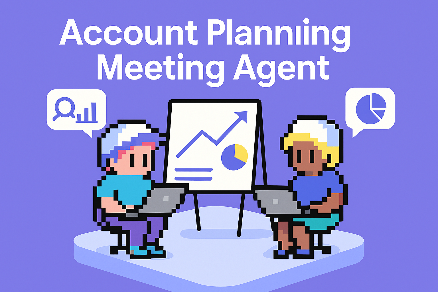 Account Planning Meeting Agent - Two professionals using AI-powered meeting planning tools with data visualization charts for strategic account planning and brand management