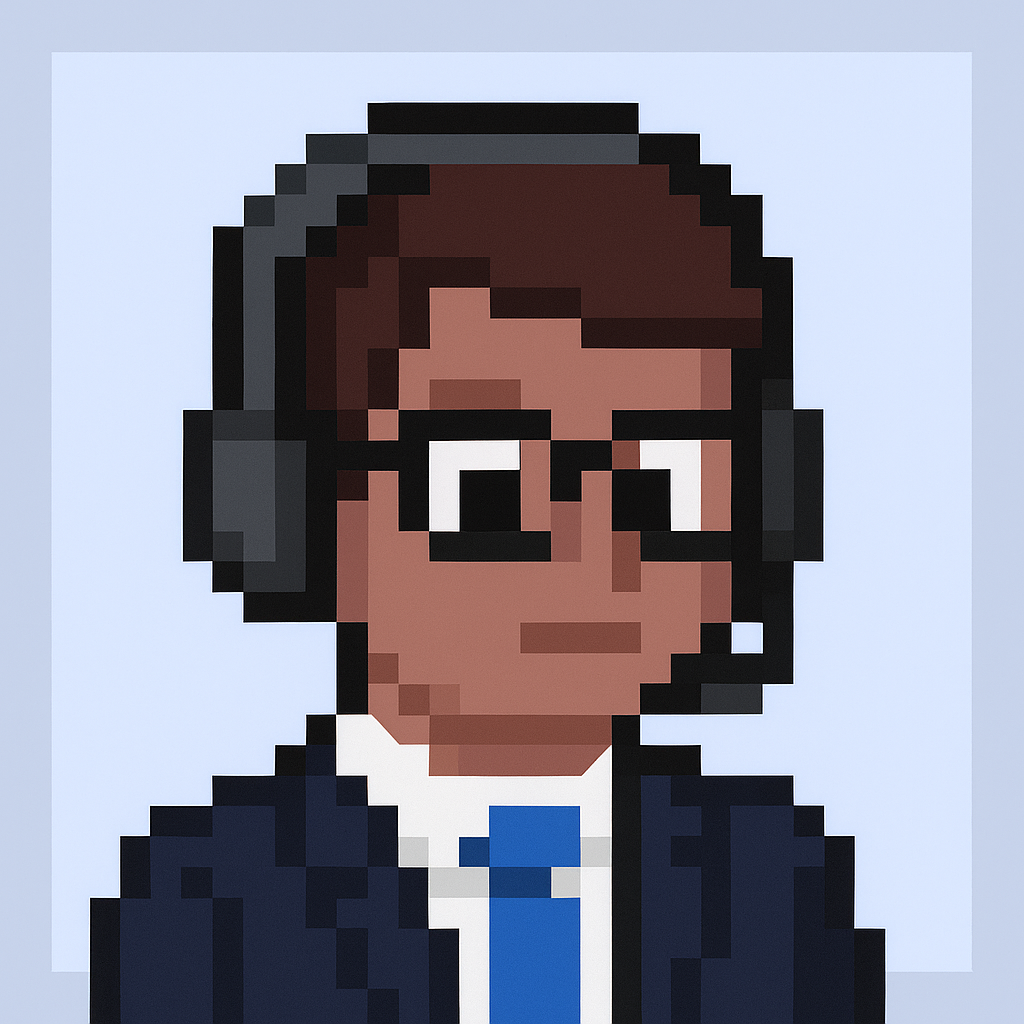 Account planning meeting agent avatar - professional chatbot support manager with headset and glasses for AI-powered meeting automation