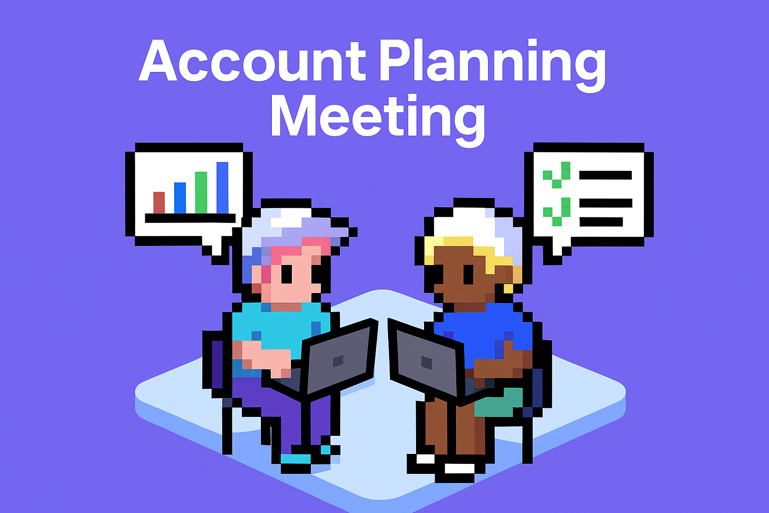 Account Planning Meeting - Two professionals collaborating with laptops showing data analysis charts and task checklists for strategic account planning