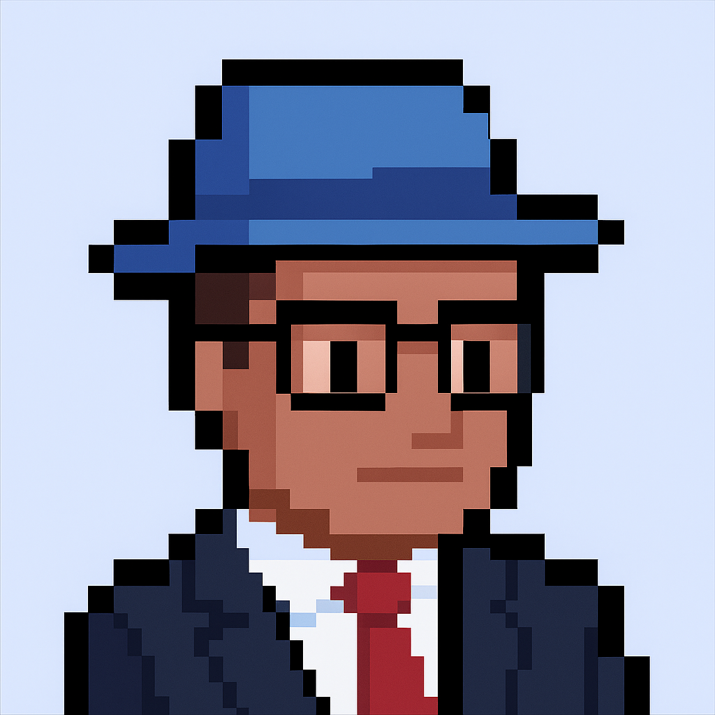 Account planning meeting agent avatar - professional pixel art character with blue hat, glasses, and business suit representing AI-powered key account management