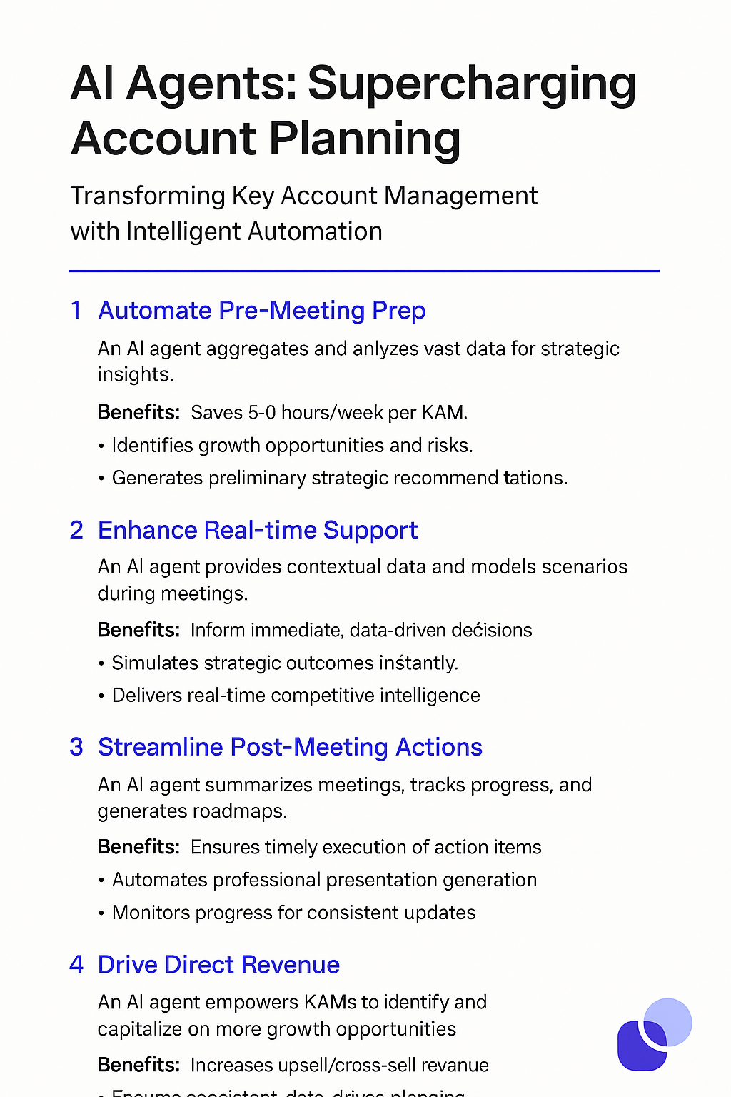 AI Agents Supercharging Account Planning infographic - automated pre-meeting prep, real-time support, streamlined post-meeting actions, and revenue growth for key account managers