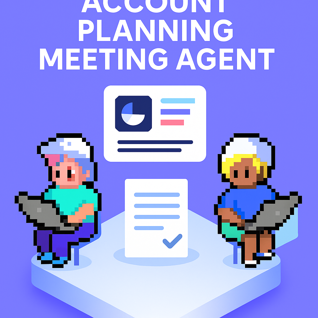 Account Planning Meeting Agent - pixel art illustration showing two key account managers using laptops with presentation charts, demonstrating AI-powered account planning software