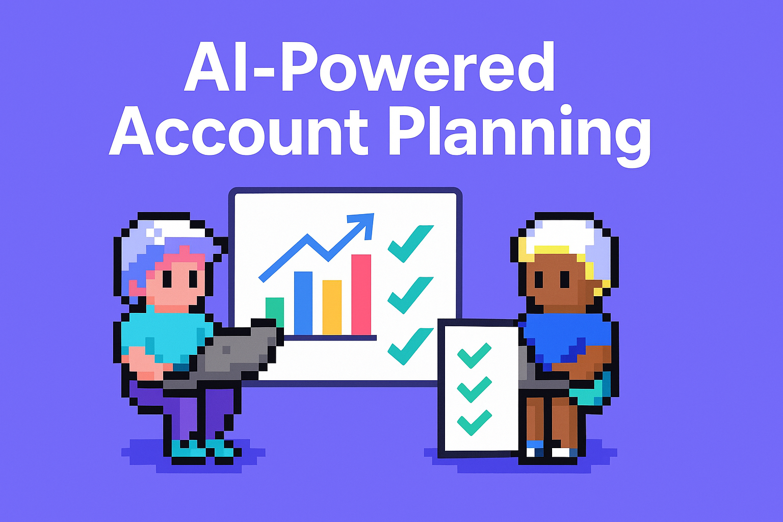 AI-Powered Account Planning illustration showing key account managers using strategic account planning software with data visualization and meeting collaboration tools