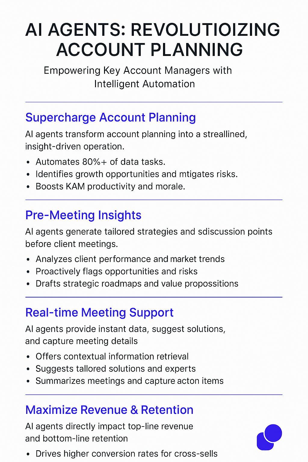 AI Agents Revolutionizing Account Planning infographic for key account managers showing automated data analysis, pre-meeting insights, real-time meeting support, and revenue maximization through strategic account planning program