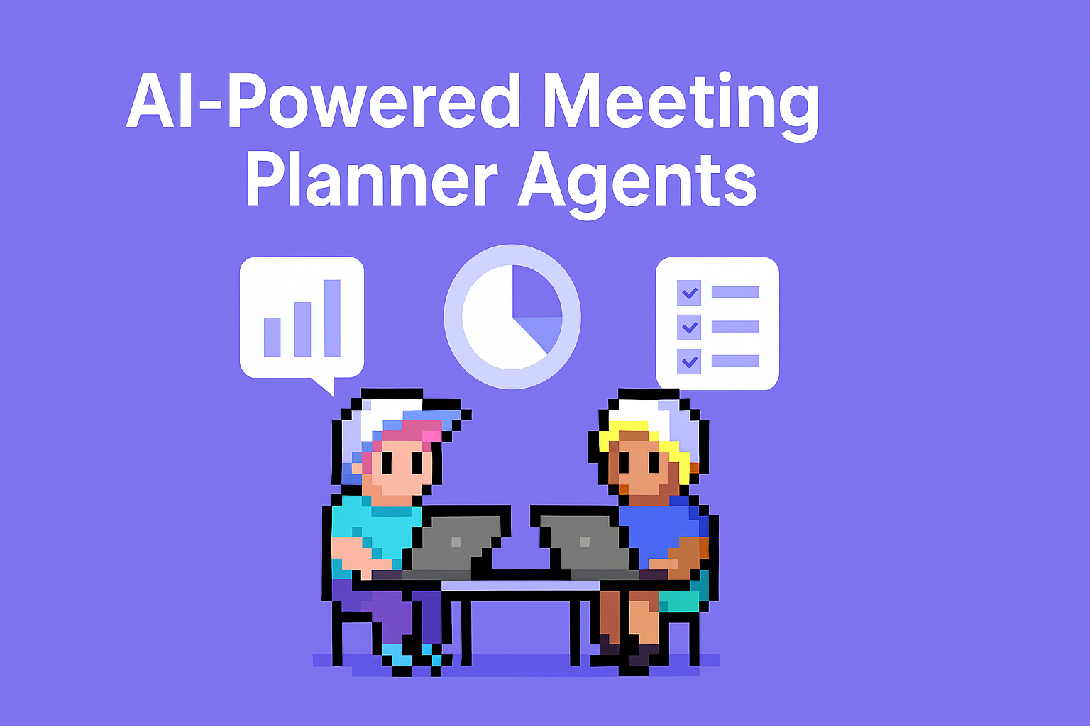 AI-Powered Meeting Planner Agents for account strategy planning - two key account managers collaborating with laptops, data analytics icons, and strategic planning tools