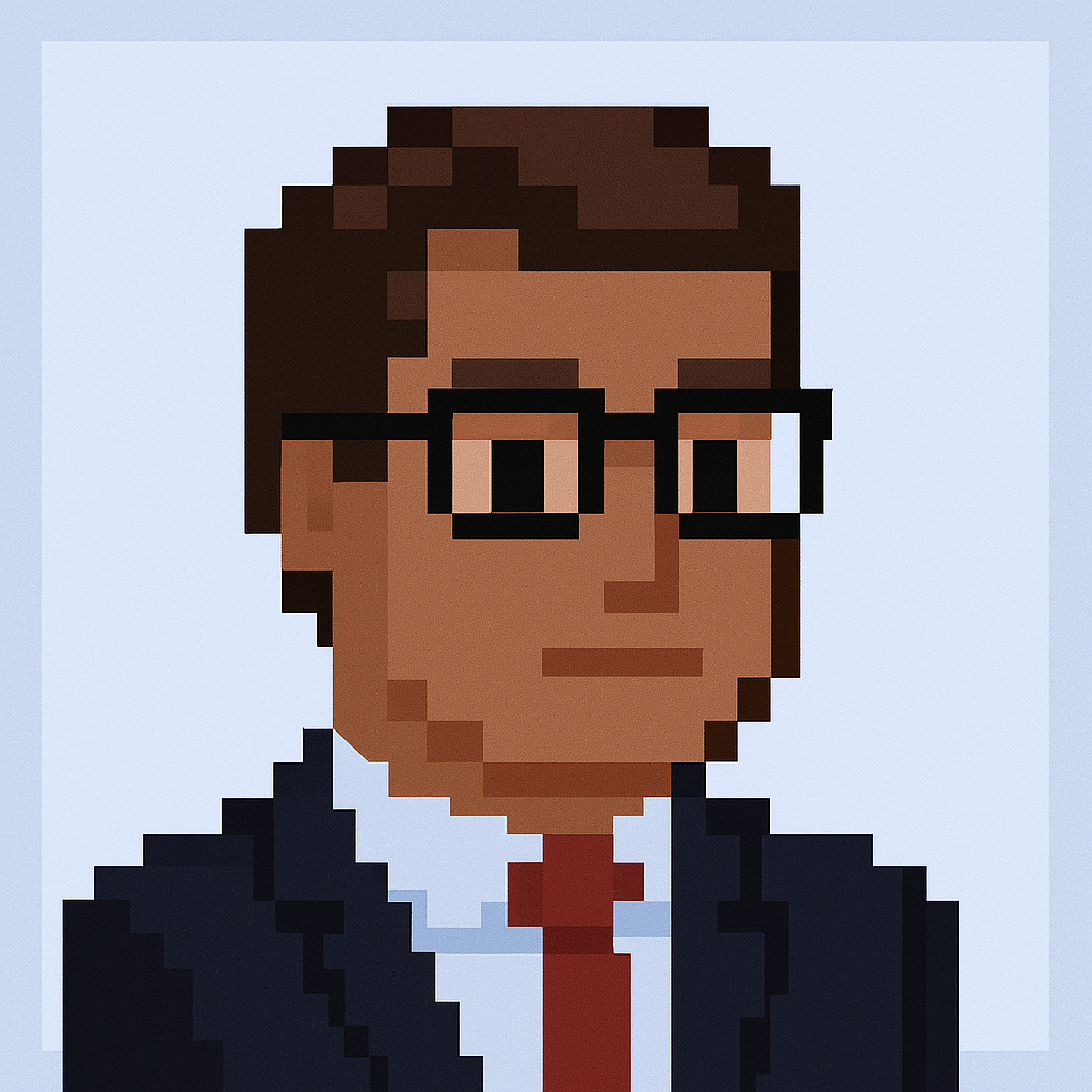 Professional key account manager avatar in pixel art style wearing glasses and business suit for strategic account planning software