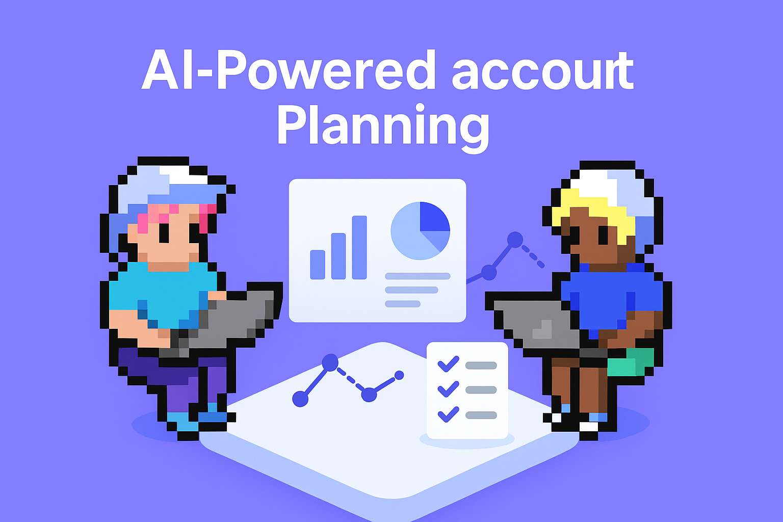 AI-Powered Account Planning illustration showing two key account managers collaborating with laptops and strategic planning charts for customer account plan development
