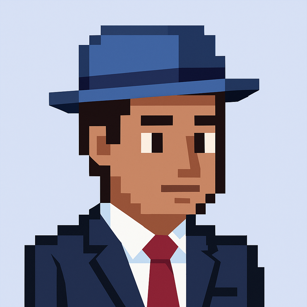 Account Team Coordination Meeting Agent avatar - professional pixel art character in blue fedora and business suit for Key Account Manager AI meeting planner