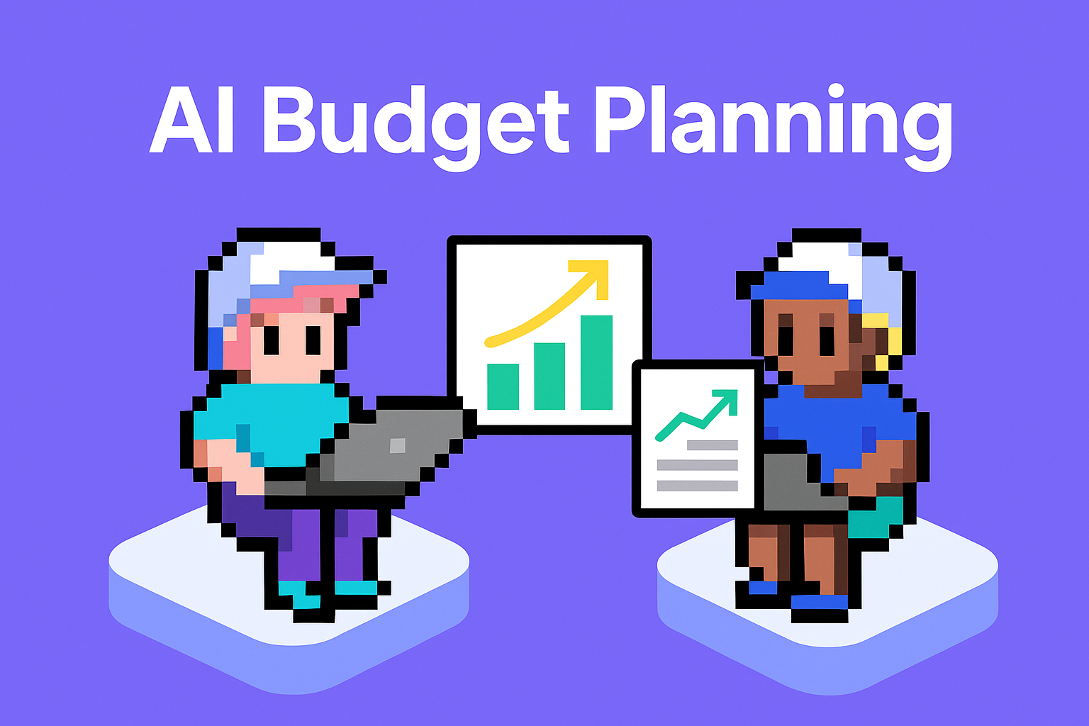 AI Budget Planning - two campaign managers collaborating on budget meetings with laptops, charts and data analysis tools