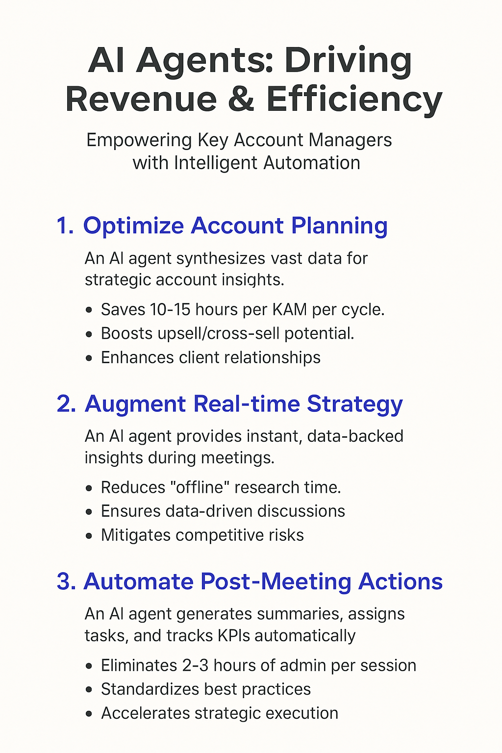 AI Agents infographic showing key account manager benefits: optimize account planning saves 10-15 hours per cycle, augment real-time strategy with data insights, automate post-meeting actions