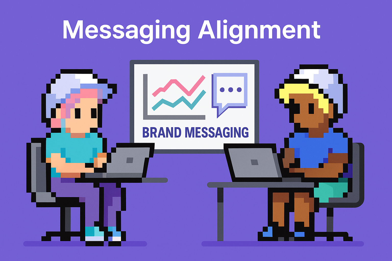 Brand messaging alignment meeting with AI agents - two professionals collaborating on messaging strategy with data visualization showing brand sentiment analysis
